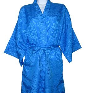 Womens Floral Blue Brocade Satin Kimono Robe Medium Knee Length Belted Pockets